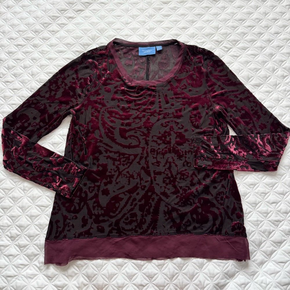 Simply Vera Vera Wang Mesh Velvet Burnout Top Burgundy Wine Size Petite Large